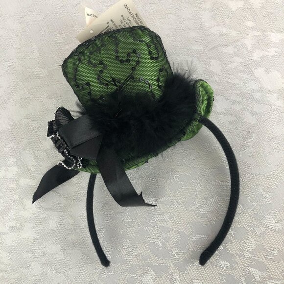 Celebrate It Sequin Black and Green Victorian Style Mini Top Hat on a Headband - Picture 1 of 10